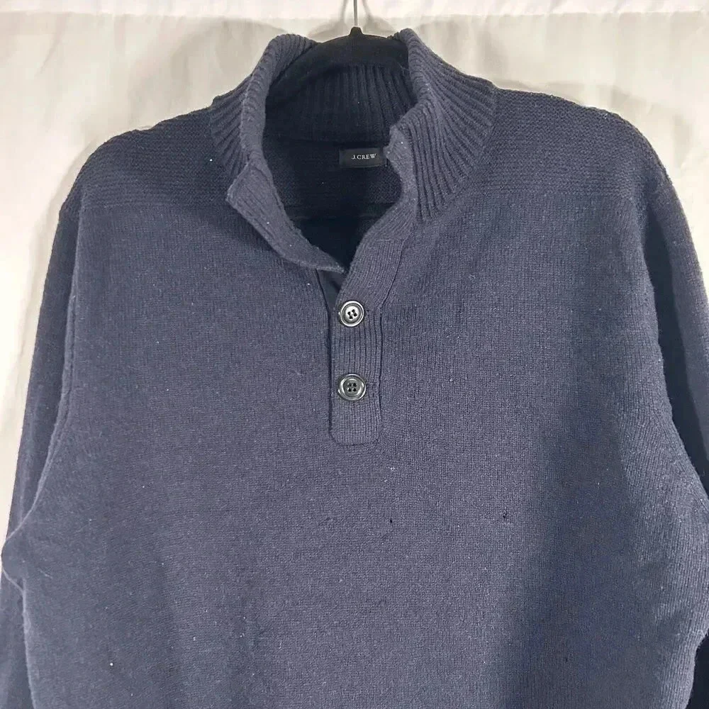 J. Crew Lambs Wool Sweater Men Large Blue Turtleneck Long Sleeve Knit 1/4 Button